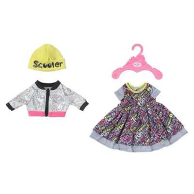Image of BABY born E Scooter Outfit Set für 43 cm Puppen mit buntem Puppenkleid, Jacke und Mütze, 837672 Zapf Creation