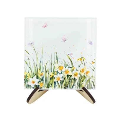 Image of Daffodil Coaster Set Square Glass Spring Time Flowers of Four (4) Coasters &amp; Wood Effect Stand
