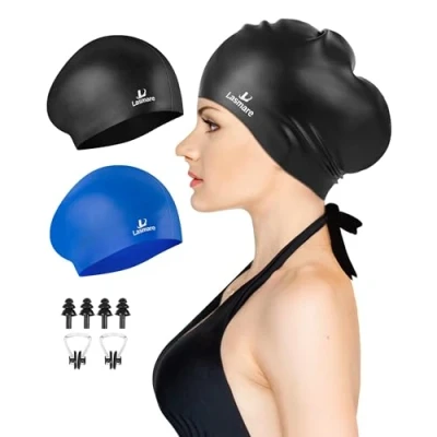 Image of Lasmare Long Hair Swimming Cap Women 2 Pack, Silicone Hat for Unisex Adult Men with Ear Plugs &amp; Nose Clip Set, Waterproof Swim Bathing Caps to Keep Dry(Black+Blue)