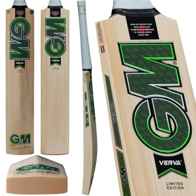 Image of Gunn &amp; Moore GM Cricket Bat, Verva 404, Seasoned Bleached Grade 3 English Willow, DXM, ToeTek and NOW, Size 5 Suitable for Players 150 157cm, 4 ft 11 inch, 2 inch