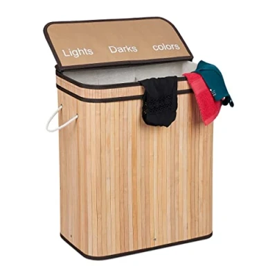Image of Relaxdays Bamboo Laundry, Clothes Container, 3 Compartments, Folding, Rectangular Basket, 63 x 55 35cm, Natural