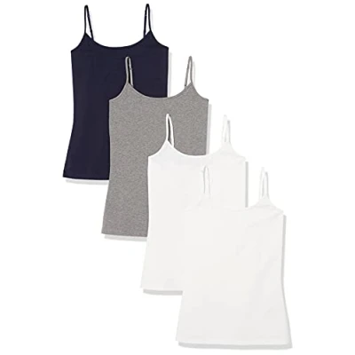 Image of Amazon Essentials Women&#039;s Slim Fit Camisole, Pack of 4, Dark Grey Heather/Navy/White, XL