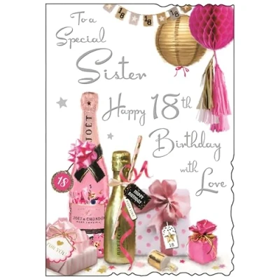 Image of Sister 18th Birthday Card Special Age 18 Artistic Feminine Design Party Drinks Finishes and Illustrated Insert Leaf Made in the UK
