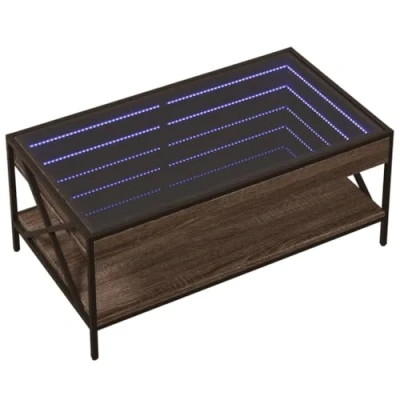 Image of vidaXL Coffee Table with Infinity LED Mirror Brown Oak, Engineered Wood, Metal Feet, Adjustable RGB Lights, 90x50x38 cm