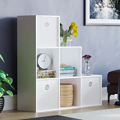 Image of Vida Designs Durham Staircase Bookcase Shelves Storage Organiser Living Room Furniture (6 Cube &amp; 3 White Baskets, White)