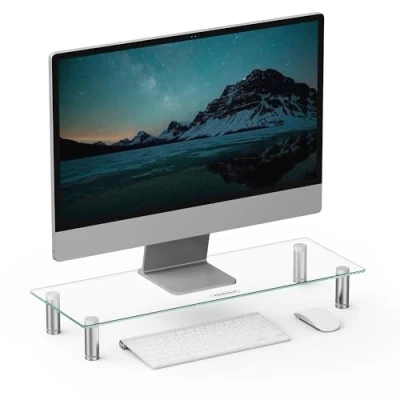 Image of VonHaus Glass Monitor Stand for Desks, Height Adjustable Screen Riser, 58x21cm Tempered w/Aluminium Legs, 20Kg Capacity