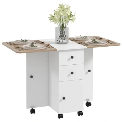 Image of HOMCOM Folding Dining Table for 4 6, Rolling Drop Leaf with Storage Drawers, Cabinet and Open Shelf, Extendable Kitchen on Wheels, Oak White