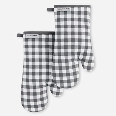 Image of KitchenAid Gingham Oven Mitt 2 Pack Set, Charcoal Grey, 7&quot;x13&quot;