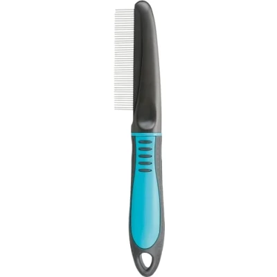 Image of TRIXIE coat detangler with fine tines for detangling and smoothing top undercoat rubberised handle black/blue 22 cm 23771