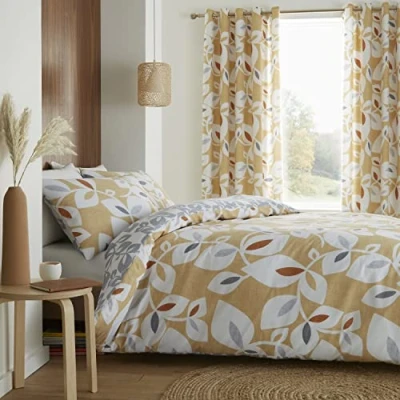 Image of Catherine Lansfield Inga Leaf Gold Duvet Cover Set 160 x 200 + 50 80 cm