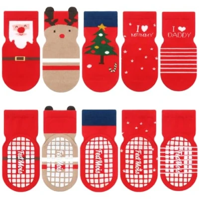 Image of FedMois 5 Pairs Baby Kids Anti slip Socks Cotton non skid Ankle Animals, Christmas, 1 3 Years