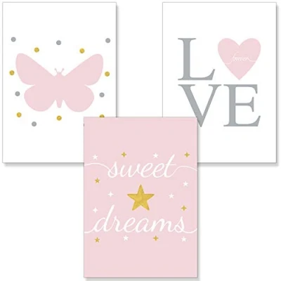 Image of PREMYO Wall Art Prints Nursery Decor Baby Room Decoration Girl Kids Poster Set Love Heart Butterfly Pink Picture A4
