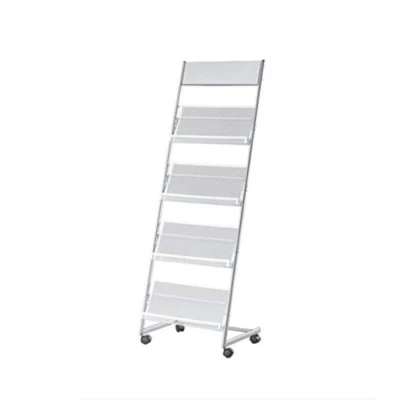 Image of Magazine Rack Holder with Wheels, Literature Display Stand 4 Pockets Floor Standing Brochure Rack, Silver