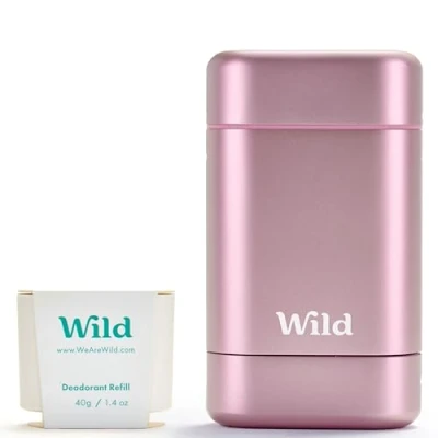 Image of Wild Natural Refillable Deodorant Starter Kit with Pink Case and Fresh Cotton &amp; Sea Salt Scented Refill (40g) Aluminium Free Long Lasting Protection Vegan