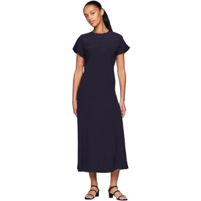 Image of Tommy Hilfiger Women&#039;s Viscose Crepe Ss Maxi Dress Ww0ww41869 Polo Dresses, Blue (Desert Sky), 38