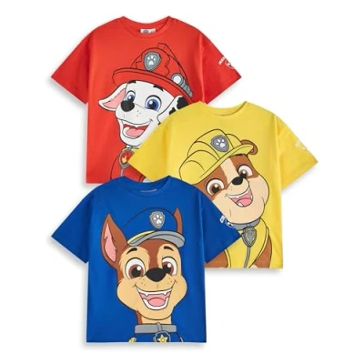 Image of Paw Patrol Boys T Shirt Set Kids 3 Pack of Short Sleeved Tees with Big Character Graphic Print Marshall Rubble Chase Cartoon Characters Childrens Animated TV Series Merchandise Gift