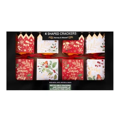 Image of Pack of 4 Square Christmas Crackers Red and White with Robin Bird Print Festive Holiday Party Favors Table Decorations
