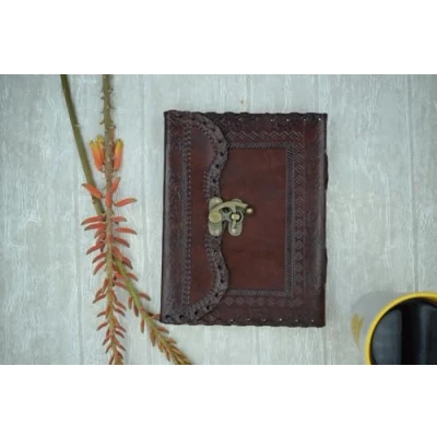 Image of OVERDOSE Mehrab Brass C Lock Leather Journal Handmade Antique Stone For Students, Office, Men &amp; Women Diary Sketchbook Drawing Notebook 6 X 8 Inches 15 20 cm A5