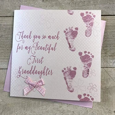 Image of WHITE COTTON CARDS Welcome to MY 1st Granddaughter handmade Baby card Pink Footprints WB301