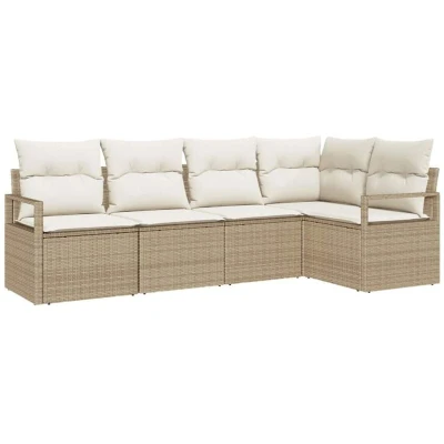 Image of vidaXL 5 Piece Garden Sofa Set with Cushions Beige Poly Rattan