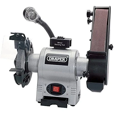 Image of Draper 370W Bench Grinder and Sanding Belt Powerful Motor Tool Sharpener Integrated Worklight Adjustable Eye Shield Dust Extractor 05096