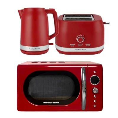 Image of Hamilton Beach Kettle, Toaster &amp; Microwave Set, Ella, 1.7L Electric Wide Slot 2 Slice, Microwave, 20L Retro, Kettle Red ELLARB