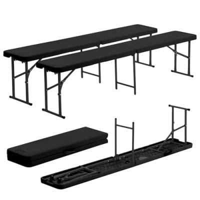 Image of Harbour Housewares Folding Camping Picnic Benches 180cm (6ft) Black 2x Foldable Portable Plastic Outdoor Garden Dining Furniture