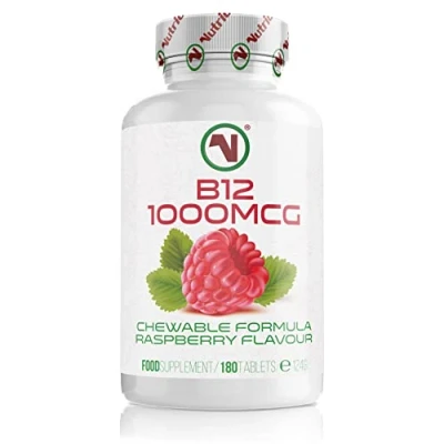 Image of Chewable Vitamin B12 Tablets Methylcobalamin Supplement Flavoured Metabolism and Energy Boosting, Vegan Tablets. (Raspberry 1000mcg, 180)