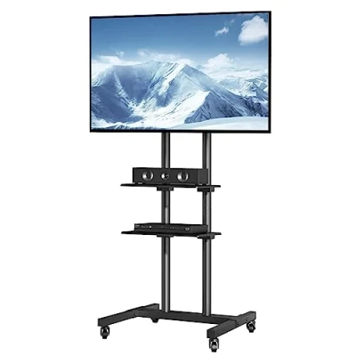 Image of VEVOR Mobile TV Stand, Cart for 32 to 70 inch TVs, Height Adjustable Portable Stand with Wheels, Double Tray Audio Visual Devices, Rolling Mount Bedroom, Living Room