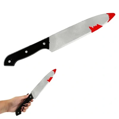 Image of Halloween Knife Prop Pack of 1 30cm Long Fake Bloody with Black Handle Slasher Fancy Dress Accessory