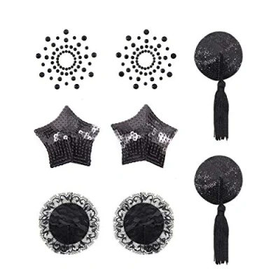 Image of Breast Paste Self Adhesive Pasties Sequin Nipple Cover Stickers with Tassel Lingerie Petal Pasty 4 Styles Black(Black)(Size: One Size)
