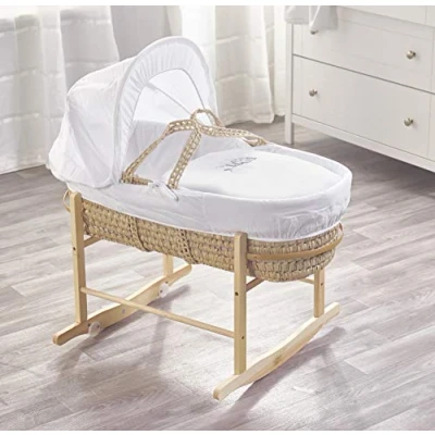 Image of ELEGANT BABY Embroidered Sleepy Owl Palm Moses Basket with Chester Natural Rocking Stand, Adjustable Hood, Fibre Mattress &amp; Padded Liner