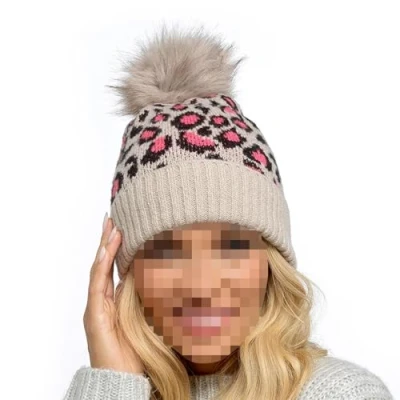 Image of A2Z Ladies Hats Leopard Knitted Bobble Beanie Faux Fur Pom Hat LH893 Pink One Size