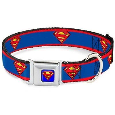 Image of Buckle Down Seatbelt Dog Collar Superman Shield/Stripe Red/Blue 1&quot; Wide Fits 9 15&quot; Neck Small