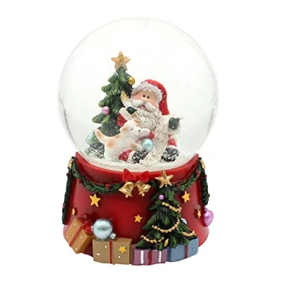 Image of Dekohelden24 Large Snow Globe, Santa Claus with Dog and Christmas Tree, Sound, on Intricately Decorated Base, Dimensions (L x W H): 10 14 cm, Ball Diameter cm