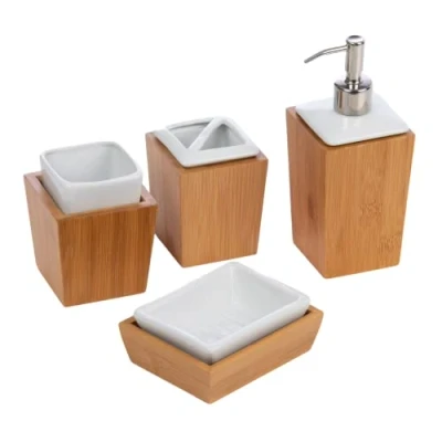 Image of Homiu Bath Set Bamboo and Porcelain, 4 Piece Soap Dish, Toothbrush Holder, Tumbler, Liquid Soap/Lotion Dispenser, Bathroom Accessories Modern Design, White