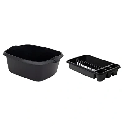 Image of M1SS Combination of 39cm Rectangular Washing up Bowl with Medium Dish Drainer Plate Rack Draining Board Tray Stand Sink Holder Kitchen Organiser (Midnight Black)