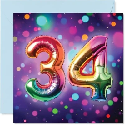 Image of 34th Birthday Cards for Men Women Rainbow Foil Balloon Happy Card 34 Year Old Man Woman Niece Nephew Neighbour Friend, 145mm Bday Greeting