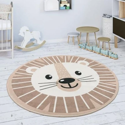 Image of Kids Rug Children&#039;s Round Modern Girls Boys Moon Koala Lion Head, Size:150 cm Rund, Colour:Beige