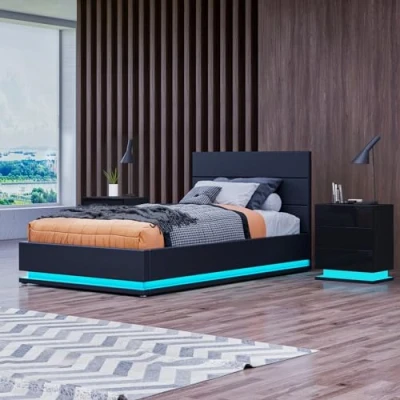 Image of Bed Frame, 5FT Ottoman with LED Light, Gas Lift Frame Storage, Faux Leather King for Bedroom Living Room Home Furniture, Black