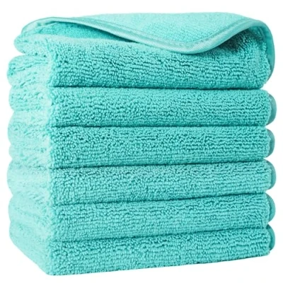 Image of POLYTE Premium Lint Free Microfibre Washcloth Face Towel, 33 x cm, Set of 6 (Aqua)