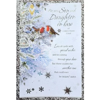 Image of For You, Son and Daughter in Law At Christmas Time Card. Picture Of Robins On Tree. 23x15cm (9x6 Inches)