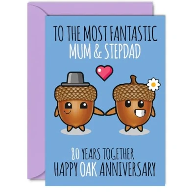 Image of Cute Oak Anniversary Card for Mum &amp; Step Dad 80 Years Together Happy 80th Wedding Cards Mum, A5 Greeting Eightieth Anniversaries