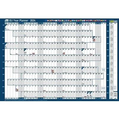 Image of Sasco 2024 EU Yearly Wall Planner Set, Paper Whiteboard Style Dry Erase Calendar, Large with Pen &amp; Stickers, Chart Office Notice Board, Poster Style, Blue, 915 x 610mm