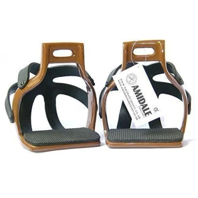 Image of AMIDALE ALUMINIUM ENDURANCE FLEX RIDE CAGED SAFETY HORSE STIRRUPS BROWN BNWT