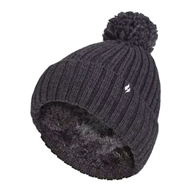 Image of HEAT HOLDERS Ladies Thick Chunky Ribbed Cuffed Thermal Insulated Winter Pom Bobble Hat (One Size, Charcoal)