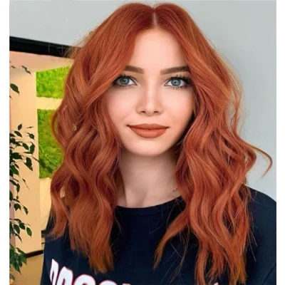 Image of PORSMEER Natural Looking Wavy Curly Bob Hair Ginger Wigs for Women Short Auburn Red Full with Middle Part Daily Use or Cosplay Party