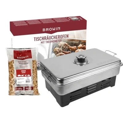 Image of Browin 330010 Balcony Smoker Oven Rustproof Mobile with Kitchen Thermometer and Smoking Chips Grey 11 x 43.5 27.5 cm
