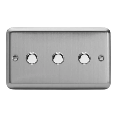 Image of Varilight 3 Gang 6A 1 or 2 Way Push On/Off Impulse Switch (Twin Plate) Matt Chrome XSP3