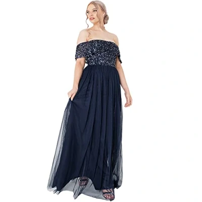 Image of Maya Deluxe Women&#039;s Navy Bardot Embellished Maxi Dress Bridesmaid, 16
